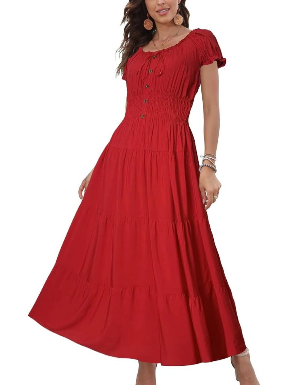 Women's Wine Red Solid Boho Smocked Tiered Short Sleeves Summer Maxi Dress